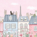 Parisian Rooftops Cityscape Mural Wallpaper Pastel Pink and Blue, Cat on Roof, Fine Sketch Texture Mural Wallpaper - pure wallpaper artwork