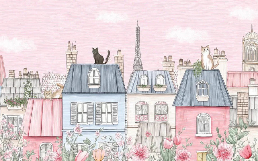 Parisian Rooftops Cityscape Mural Wallpaper Pastel Pink and Blue, Cat on Roof, Fine Sketch Texture Mural Wallpaper