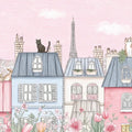 Parisian Rooftops Cityscape Mural Wallpaper Pastel Pink and Blue, Cat on Roof, Fine Sketch Texture Mural Wallpaper - pure wallpaper artwork