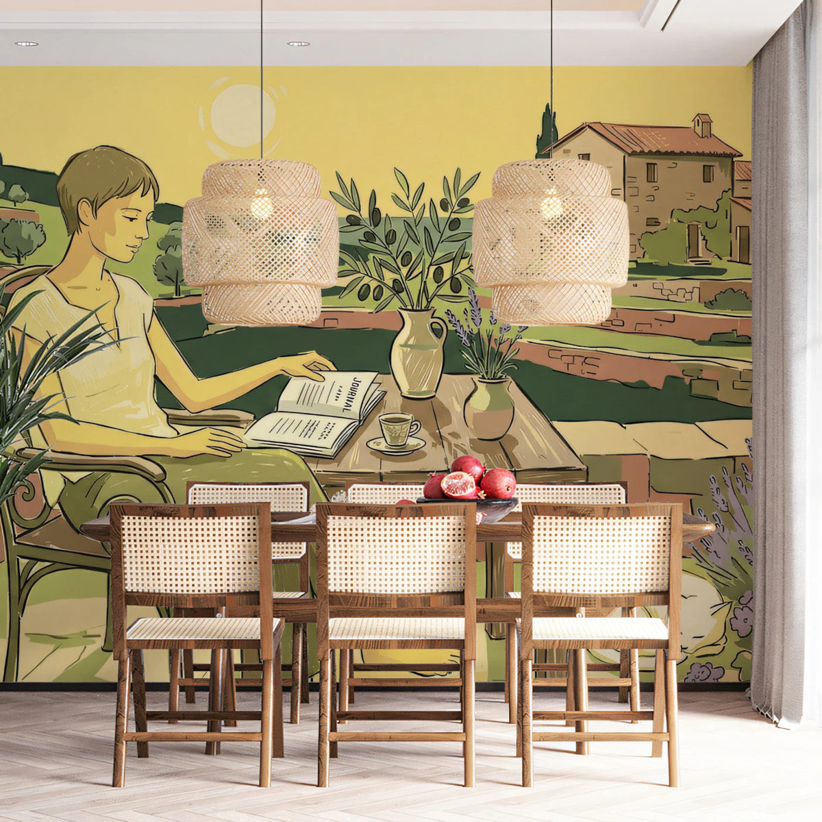 Mediterranean Terrace Mural Wallpaper — Sunny Sketch Design Mural Wallpaper - pure wallpaper artwork