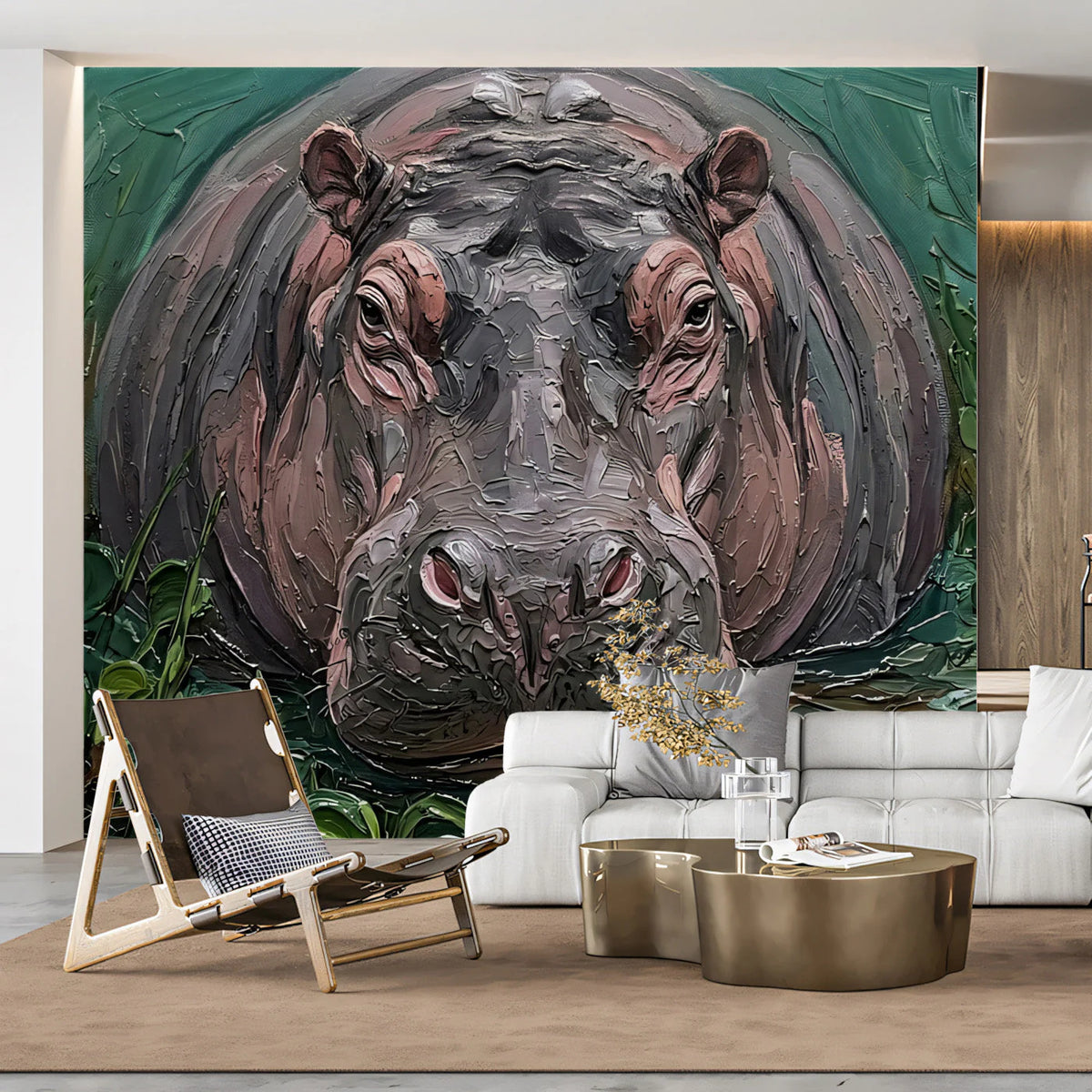 Impressionist Hippo Oil Painting Mural Wallpaper - pure wallpaper artwork