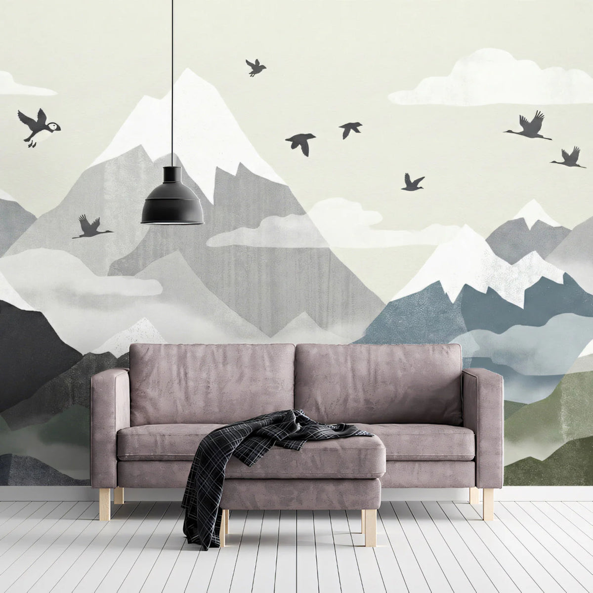 Minimalist Mountain Range Mural Wallpaper with Soaring Birds Mural Wallpaper - pure wallpaper artwork