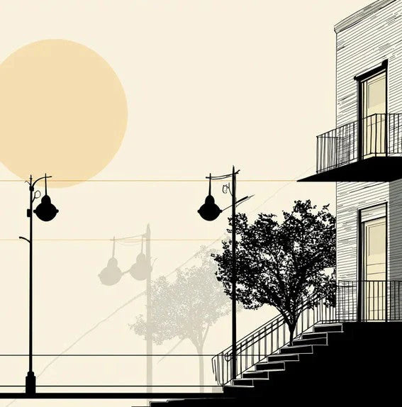Fondo de pantalla de atardecer urbano minimalista Silueta de ciudad abstracta con luna llena Mural Wallpaper
