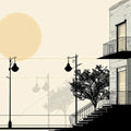 Fondo de pantalla de atardecer urbano minimalista Silueta de ciudad abstracta con luna llena Mural Wallpaper - pure wallpaper artwork