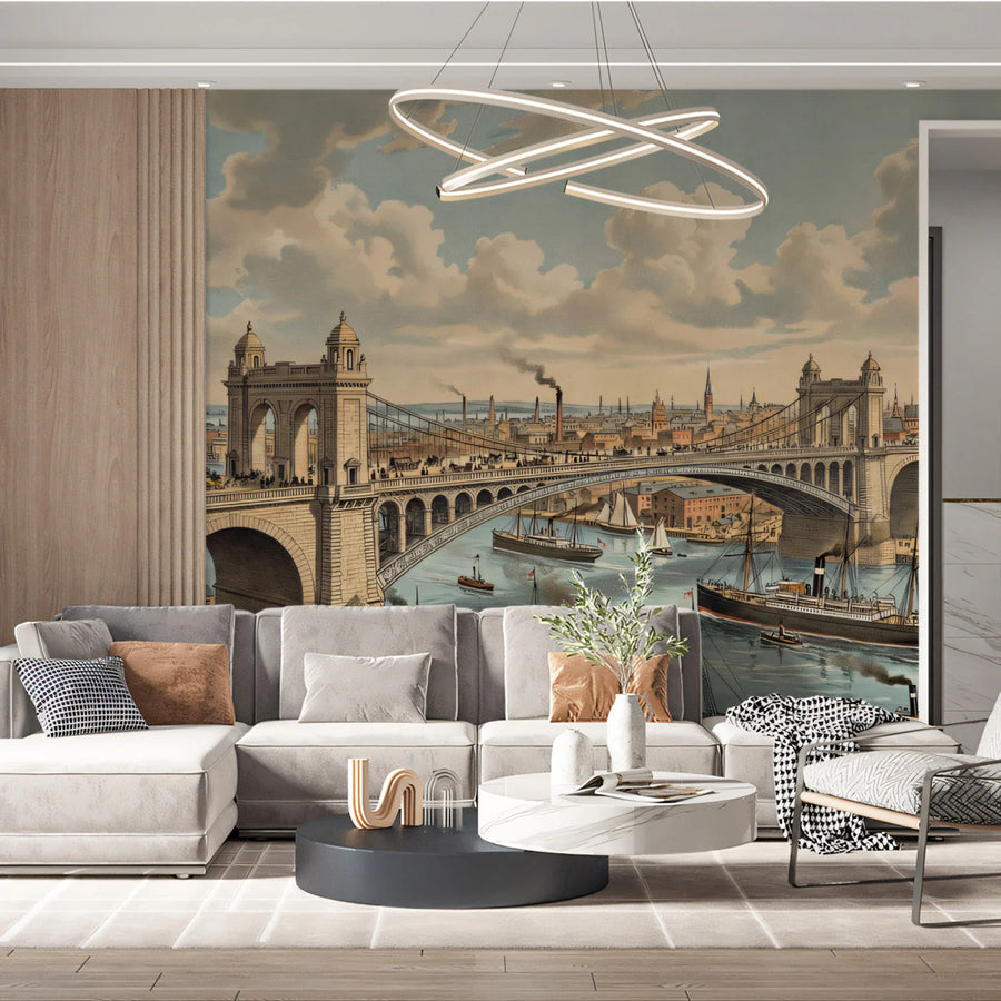 Vintage Industrial Cityscape Mural Wallpaper — Architectural Print Mural Wallpaper