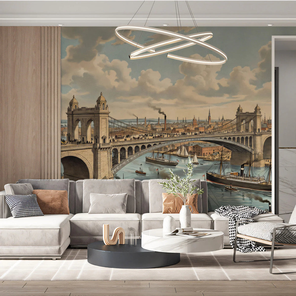 Vintage Industrial Cityscape Mural Wallpaper — Architectural Print Mural Wallpaper - pure wallpaper artwork
