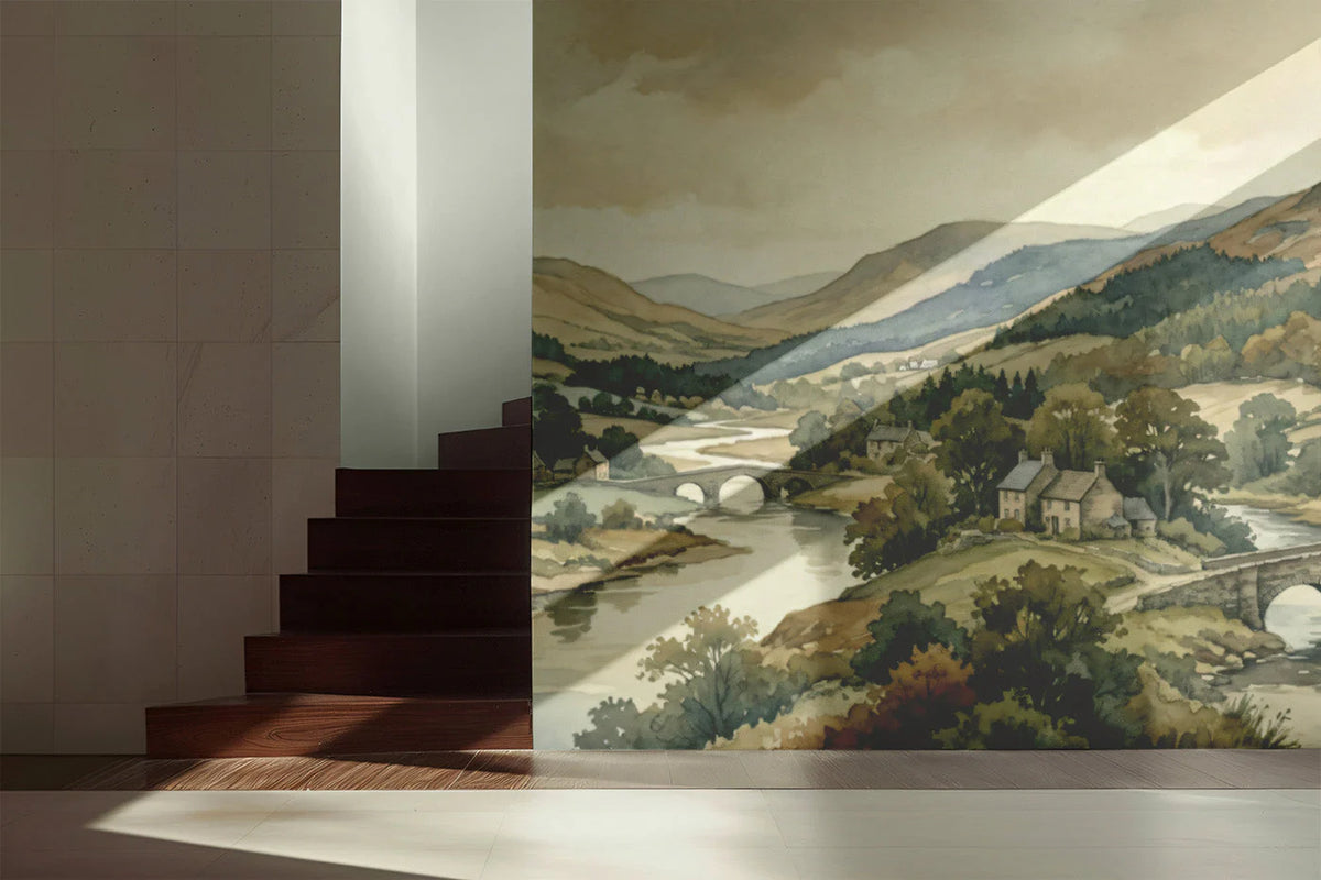 Countryside River Valley Mural Wallpaper — Watercolor Landscape Mural Wallpaper - pure wallpaper artwork