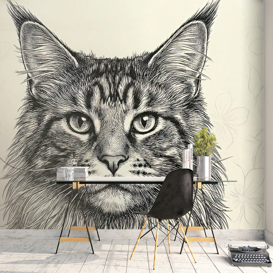 Maine Coon Portrait Mural Wallpaper — Fine Line Ink Illustration Mural Wallpaper