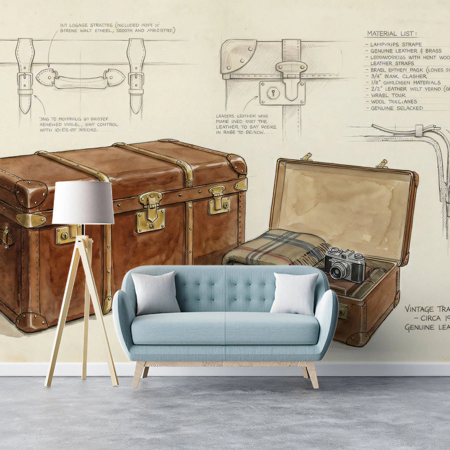 Vintage Travel Trunk Mural Wallpaper — Classic Sketch Illustration Mural Wallpaper