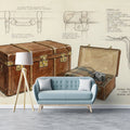 Vintage Travel Trunk Mural Wallpaper — Classic Sketch Illustration Mural Wallpaper - pure wallpaper artwork
