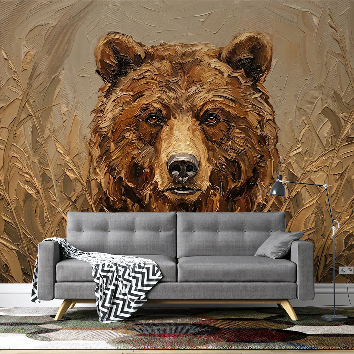 Grizzly Bear Oil Painting Mural Wallpaper in Earthy Tones Mural Wallpaper - pure wallpaper artwork