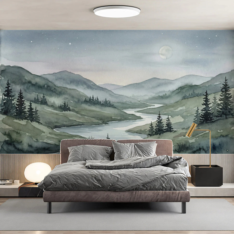 Midnight River Landscape Mural Wallpaper — Watercolor Art Mural Wallpaper