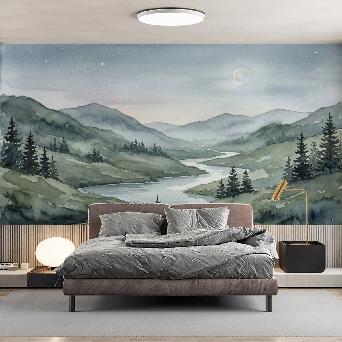 Midnight River Landscape Mural Wallpaper — Watercolor Art Mural Wallpaper - pure wallpaper artwork