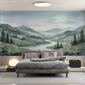 Midnight River Landscape Mural Wallpaper — Watercolor Art Mural Wallpaper - pure wallpaper artwork