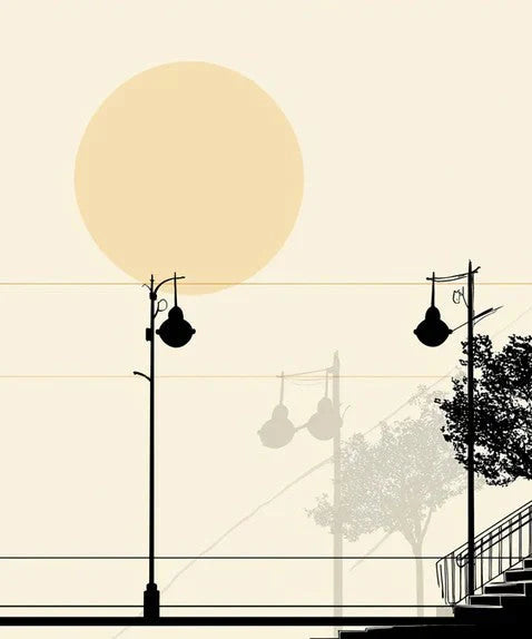 Fondo de pantalla de atardecer urbano minimalista Silueta de ciudad abstracta con luna llena Mural Wallpaper
