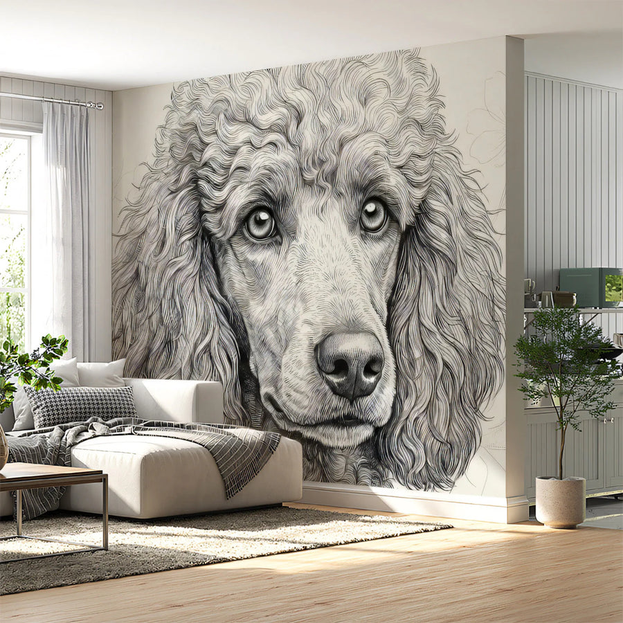Poodle Portrait Mural Wallpaper in Fine Charcoal Line Art Mural Wallpaper