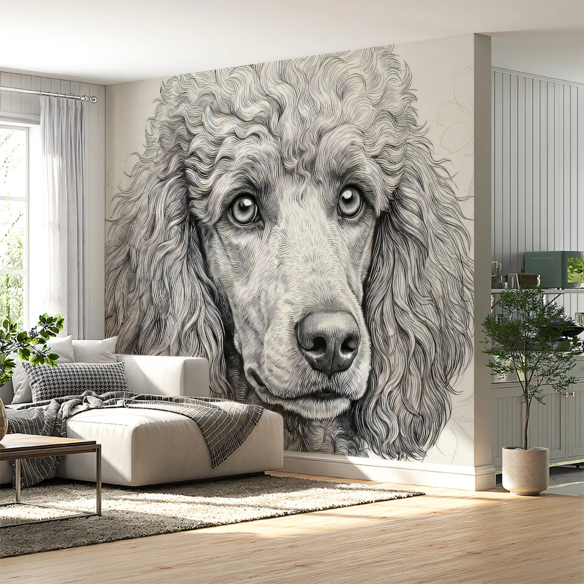 Poodle Portrait Mural Wallpaper in Fine Charcoal Line Art Mural Wallpaper - pure wallpaper artwork