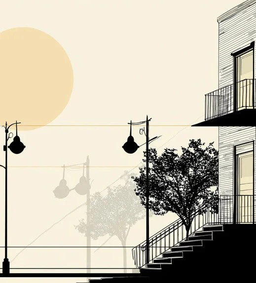 Fondo de pantalla de atardecer urbano minimalista Silueta de ciudad abstracta con luna llena Mural Wallpaper