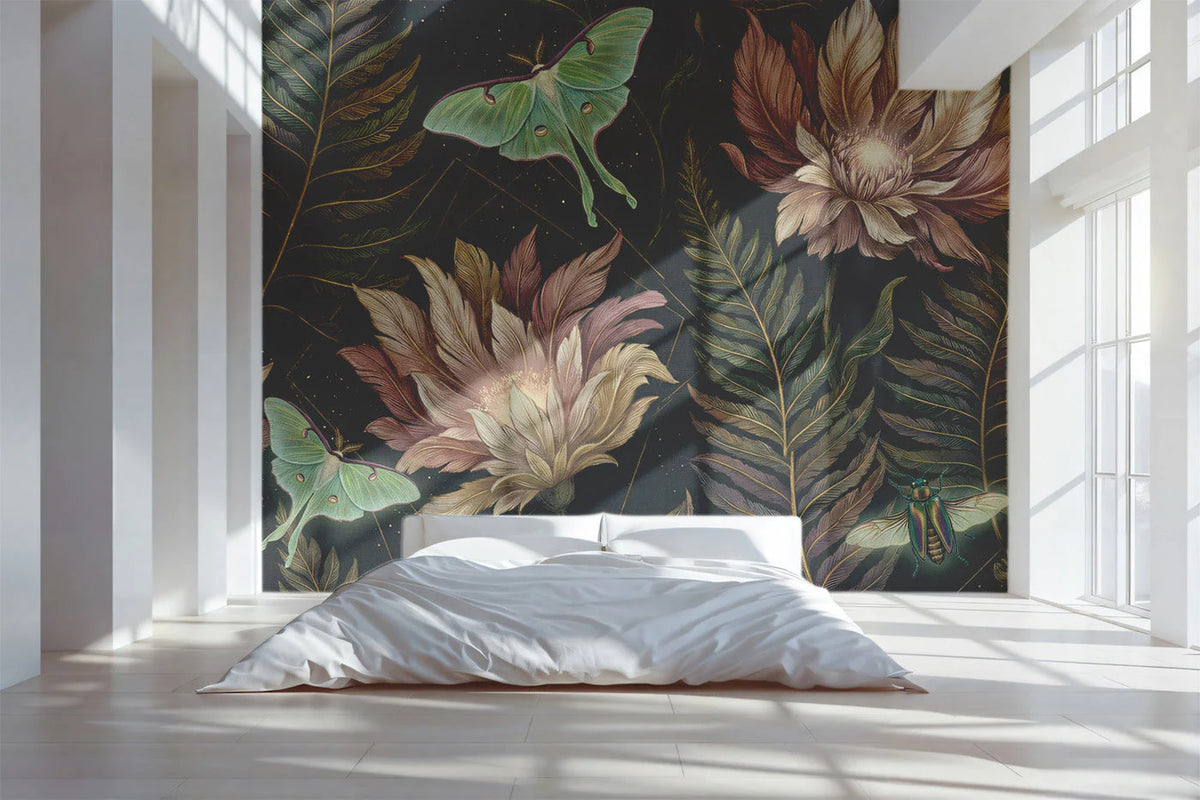 Luna Moth and Botanical Garden Mural Wallpaper — Dark Academia Mural Wallpaper - pure wallpaper artwork