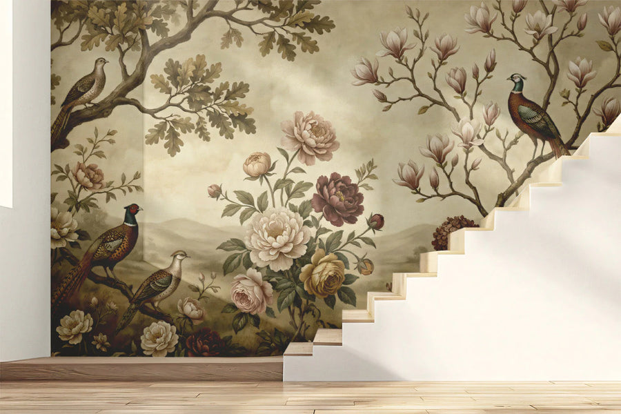 Chinoiserie Garden Mural Wallpaper — Vintage Botanical Scene Mural Wallpaper