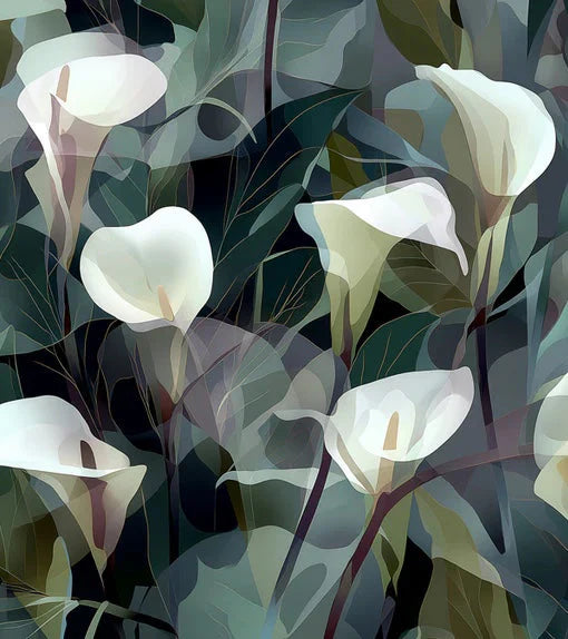 Elegant White Calla Lily Floral Mural Wallpaper Dark Green Botanical Art Mural Wallpaper