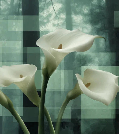 Elegant White Calla Lilies Abstract Green Forest Mural Wallpaper Contemporary Floral Art Mural Wallpaper - pure wallpaper artwork