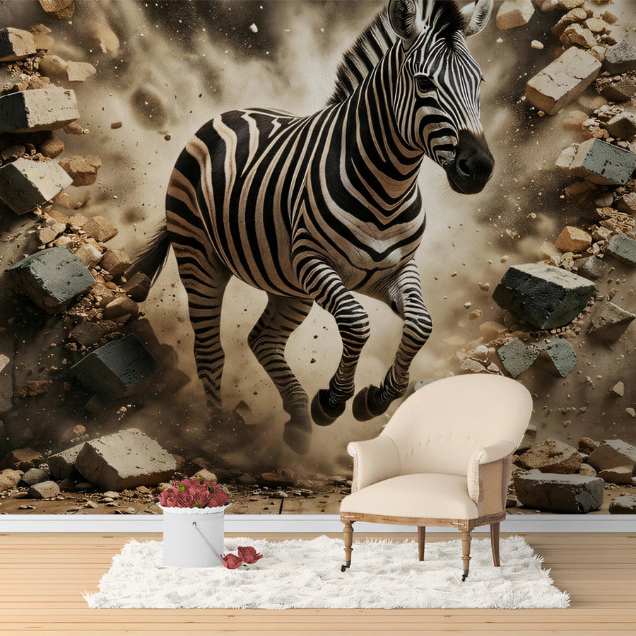 Zebra Breaking Through Brick Wall Mural Wallpaper