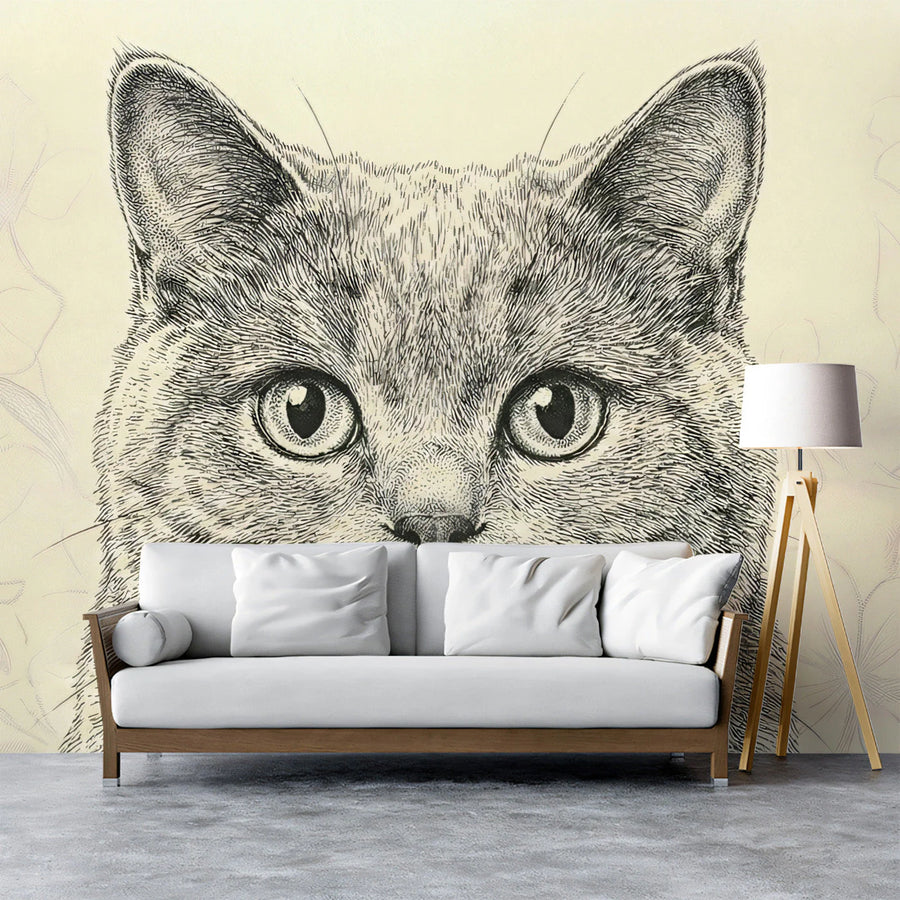 Cat Portrait Sketch Mural Wallpaper — Artistic Line Art Design Mural Wallpaper