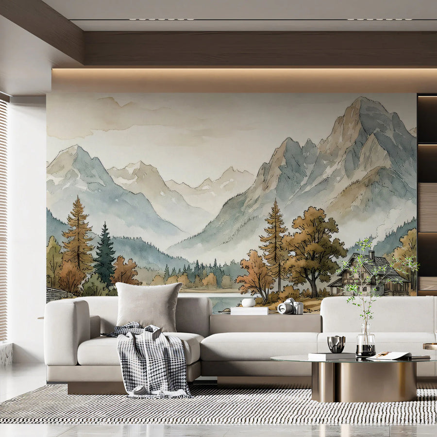 Alpine Lake Watercolor Mural Wallpaper — Scenic Mountain Landscape Mural Wallpaper