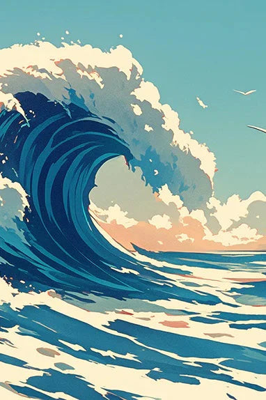 The Great Wave off Kanagawa Inspired Mural Wallpaper in Living Room Blue, White, and Beige Great Wave Mural Wallpaper - pure wallpaper artwork