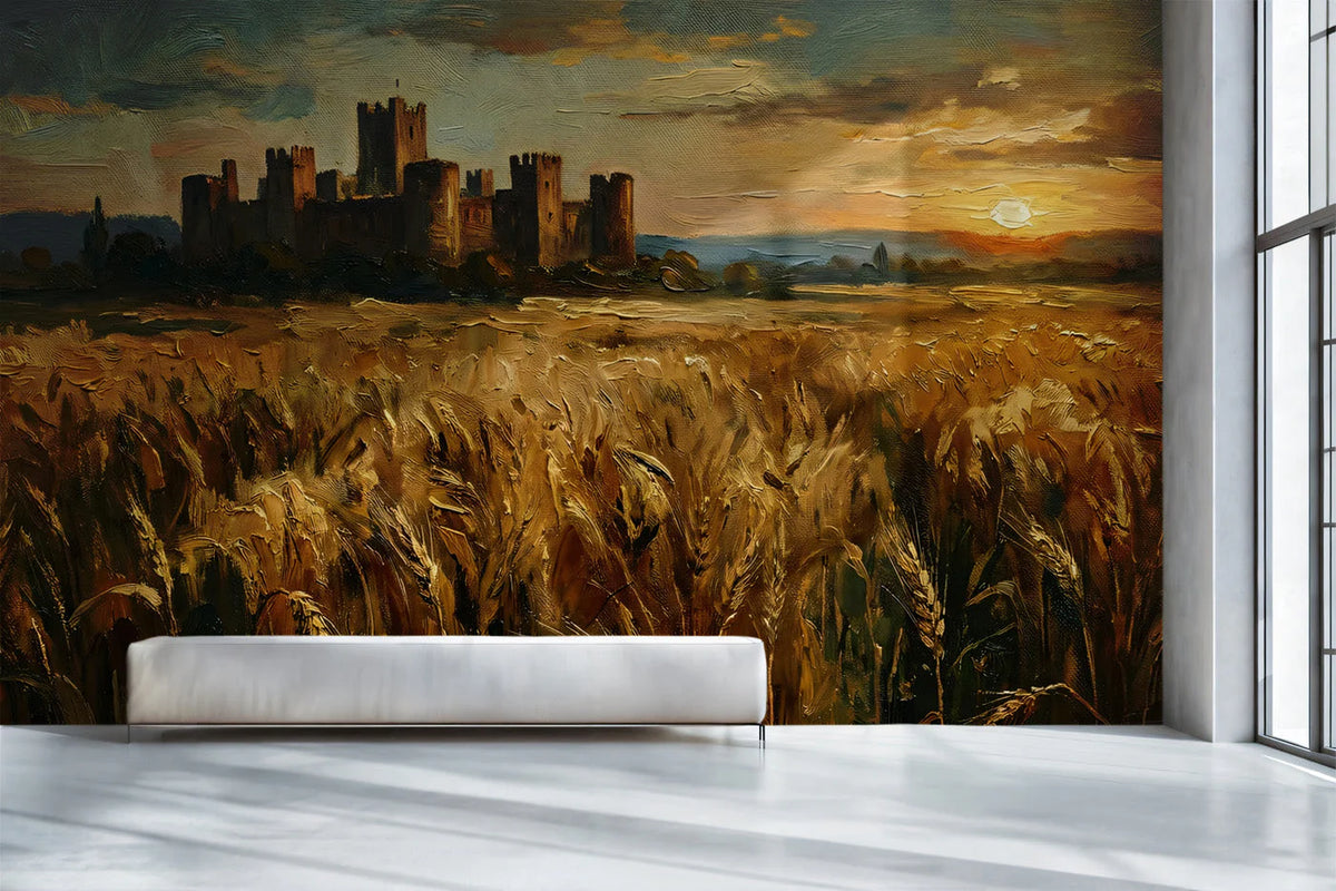 Medieval Castle Wheat Field Mural Wallpaper — Oil Painting Style Mural Wallpaper - pure wallpaper artwork
