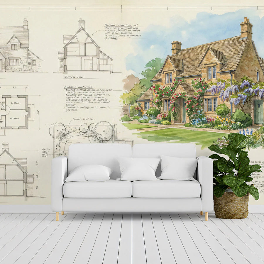 Cottage Architectural Blueprint Mural Wallpaper in Soft Watercolor Mural Wallpaper