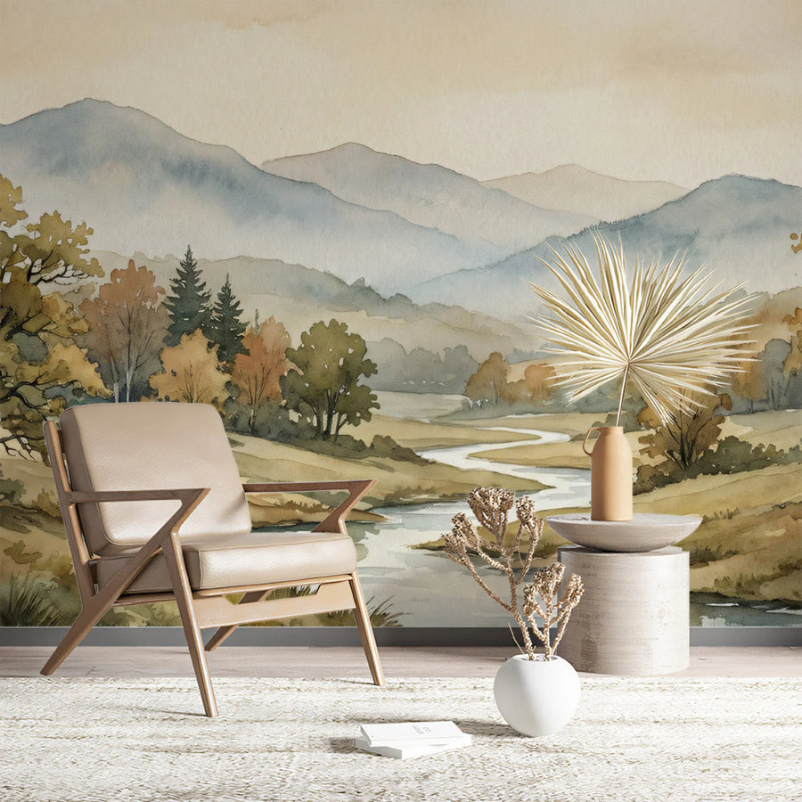 Watercolor Autumn River Valley Mural Wallpaper