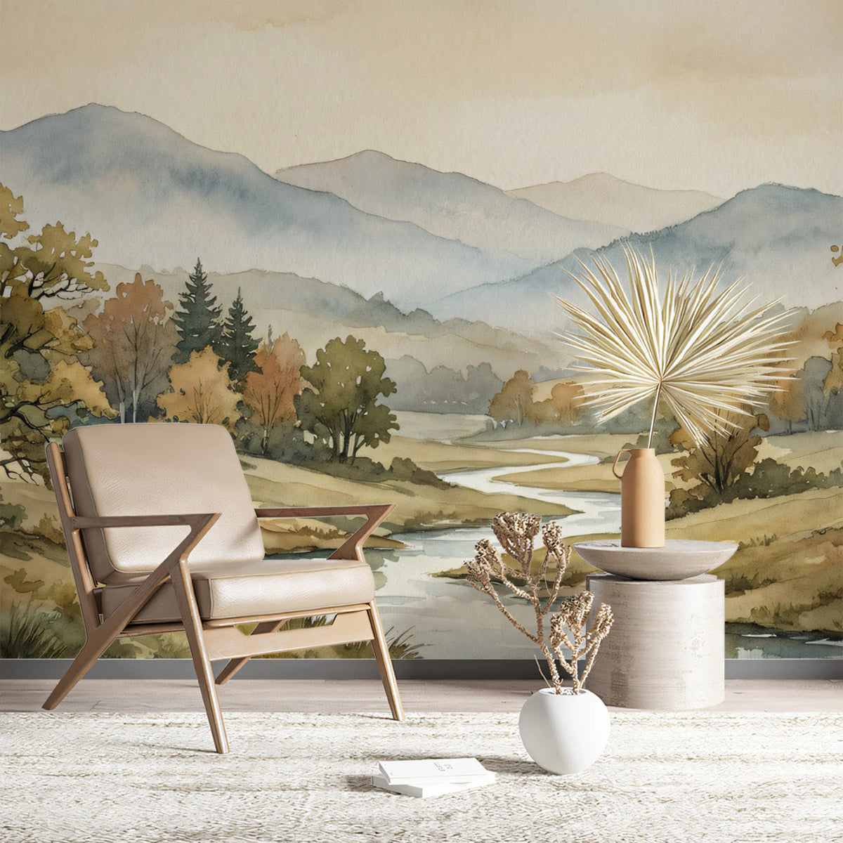 Watercolor Autumn River Valley Mural Wallpaper - pure wallpaper artwork