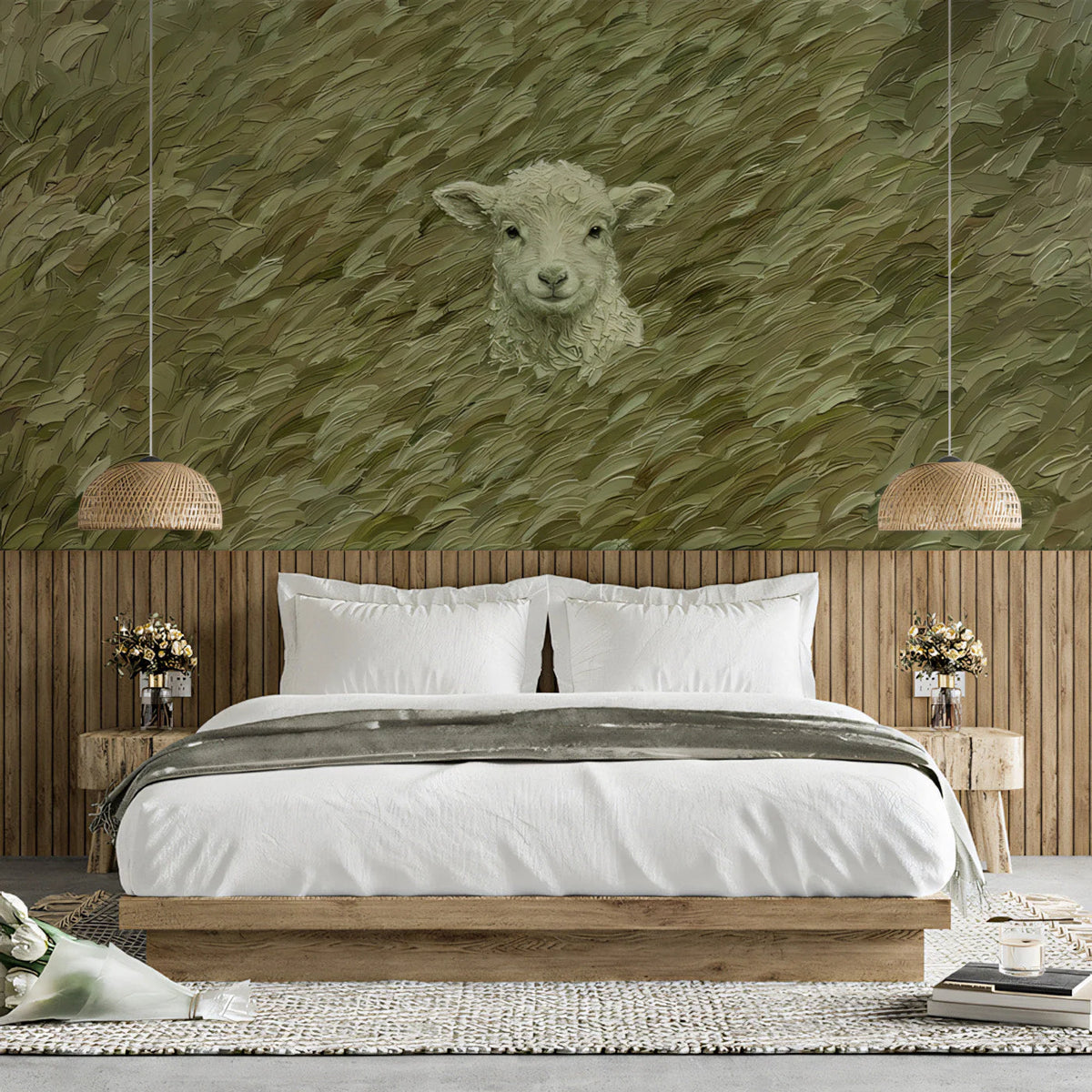Lamb in Olive Grass Mural Wallpaper — Impasto Oil Painting Style Mural Wallpaper - pure wallpaper artwork