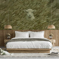 Lamb in Olive Grass Mural Wallpaper — Impasto Oil Painting Style Mural Wallpaper - pure wallpaper artwork
