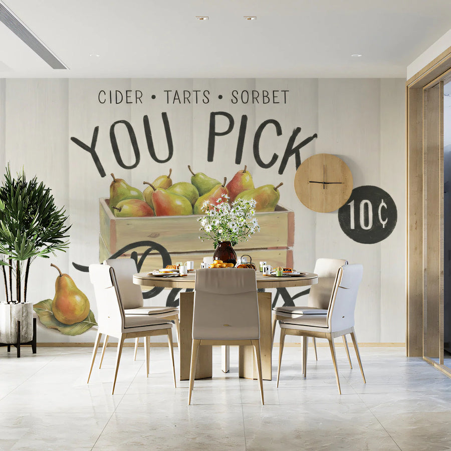 Vintage Pear Market Mural Wallpaper — Whimsical Kitchen Decor Mural Wallpaper