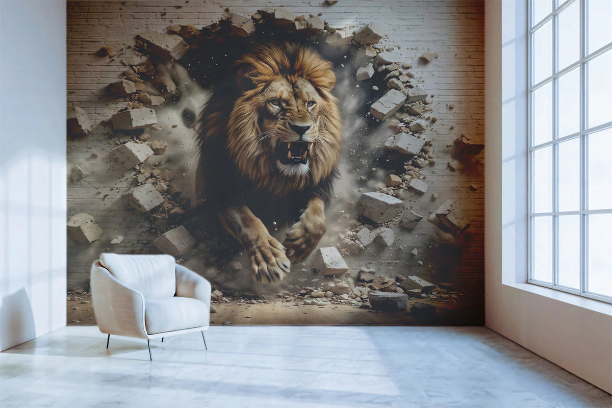 Roaring Lion Brick Wall Mural Wallpaper — 3D Effect Design Mural Wallpaper - pure wallpaper artwork