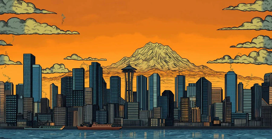 Vibrant Seattle Skyline &amp; Mount Rainier Mural Sunset Orange and Urban Hues Mural Wallpaper