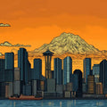Vibrant Seattle Skyline &amp; Mount Rainier Mural Sunset Orange and Urban Hues Mural Wallpaper - pure wallpaper artwork