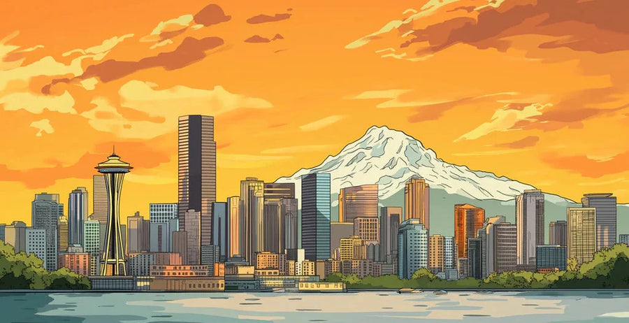 Vibrant Seattle Skyline &amp; Mount Rainier Mural Sunset Orange and Urban Hues Mural Wallpaper