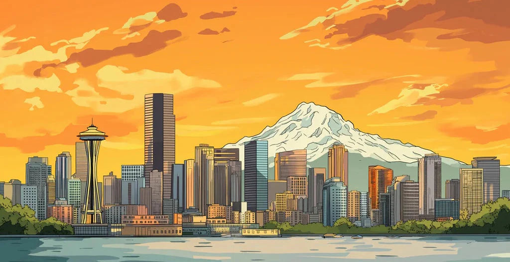 Vibrant Seattle Skyline &amp; Mount Rainier Mural Sunset Orange and Urban Hues Mural Wallpaper - pure wallpaper artwork