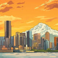 Vibrant Seattle Skyline &amp; Mount Rainier Mural Sunset Orange and Urban Hues Mural Wallpaper - pure wallpaper artwork