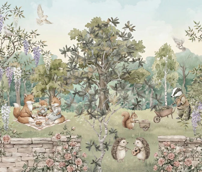 Secret Garden Picnic Mural - Classic Storybook Woodland Scene Mural Wallpaper