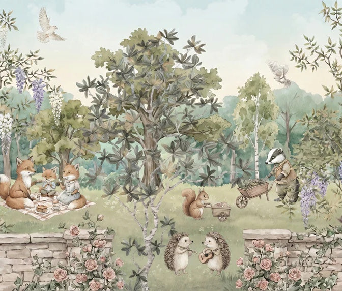Secret Garden Picnic Mural - Classic Storybook Woodland Scene Mural Wallpaper - pure wallpaper artwork