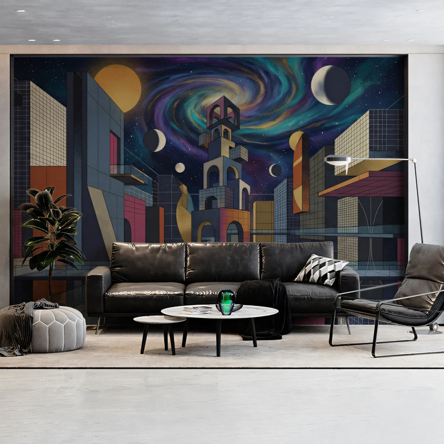 Cosmic Cityscape Mural Wallpaper — Surreal Geometric Design Mural Wallpaper
