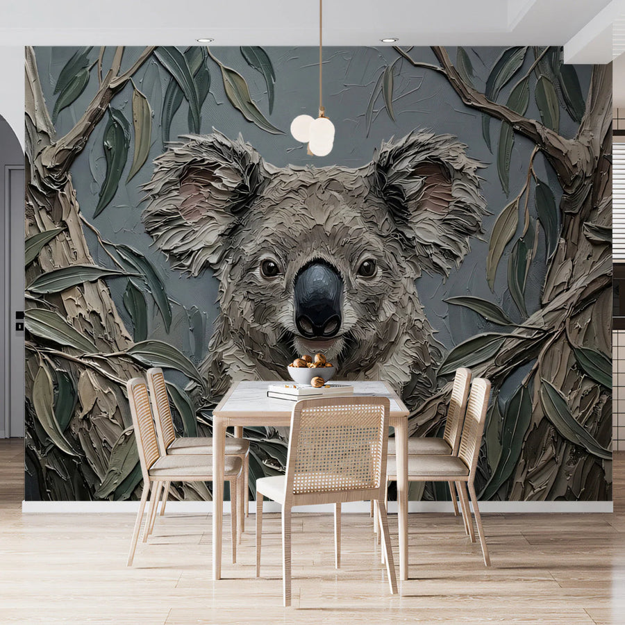 Koala in Eucalyptus Mural Wallpaper — Impasto Oil Style Mural Wallpaper