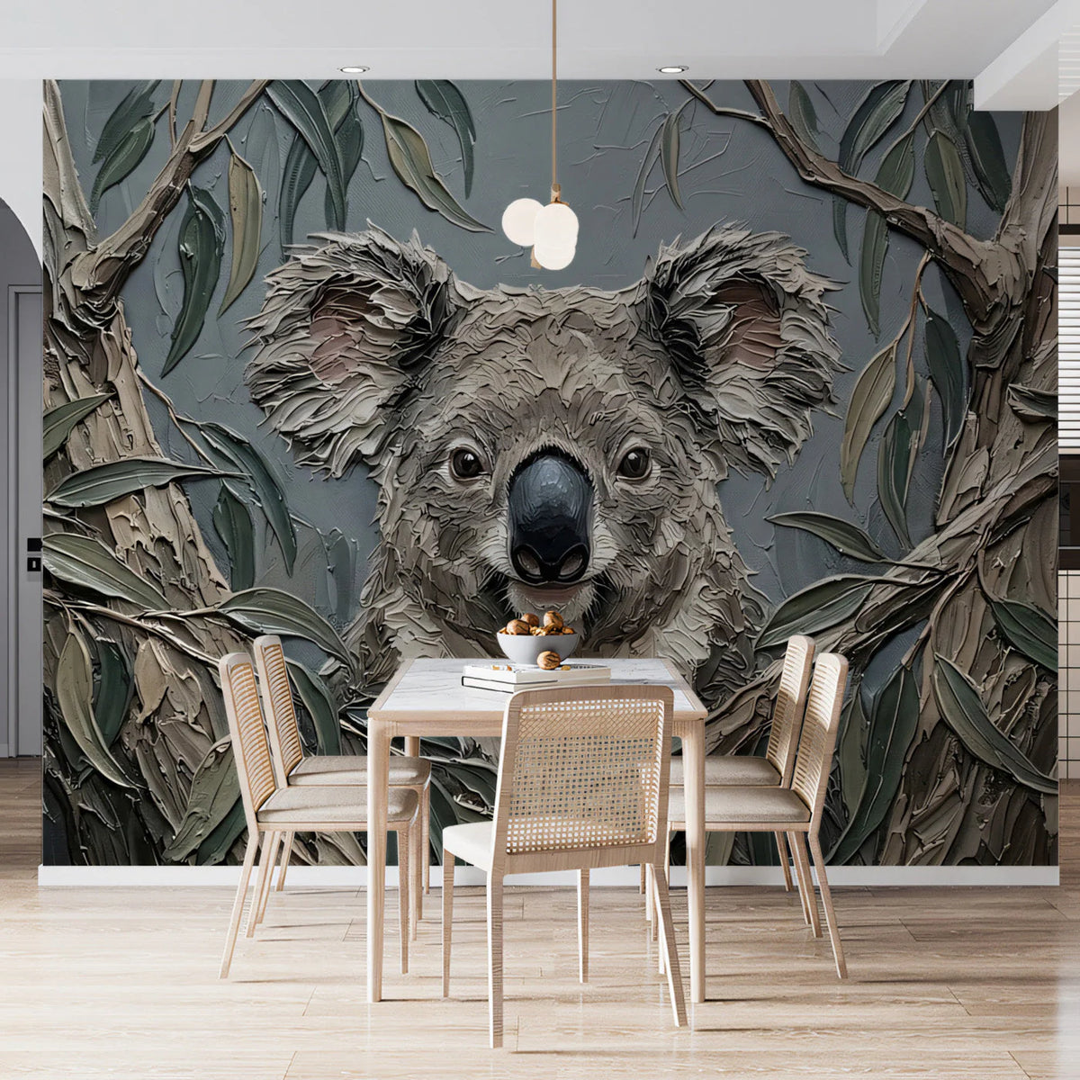 Koala in Eucalyptus Mural Wallpaper — Impasto Oil Style Mural Wallpaper - pure wallpaper artwork