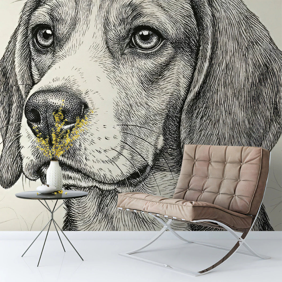 Beagle Dog Sketch Mural Wallpaper — Hand-Drawn Floral Art Mural Wallpaper - pure wallpaper artwork