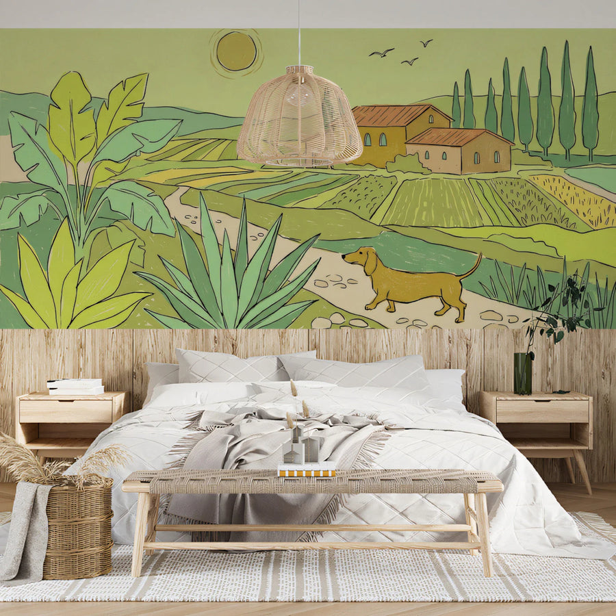 Tuscan Landscape Mural Wallpaper with Dachshund and Fields Mural Wallpaper